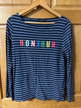 Banana Republic Navy and Light Blue Striped 'Bonjour' Long Sleeve Tee